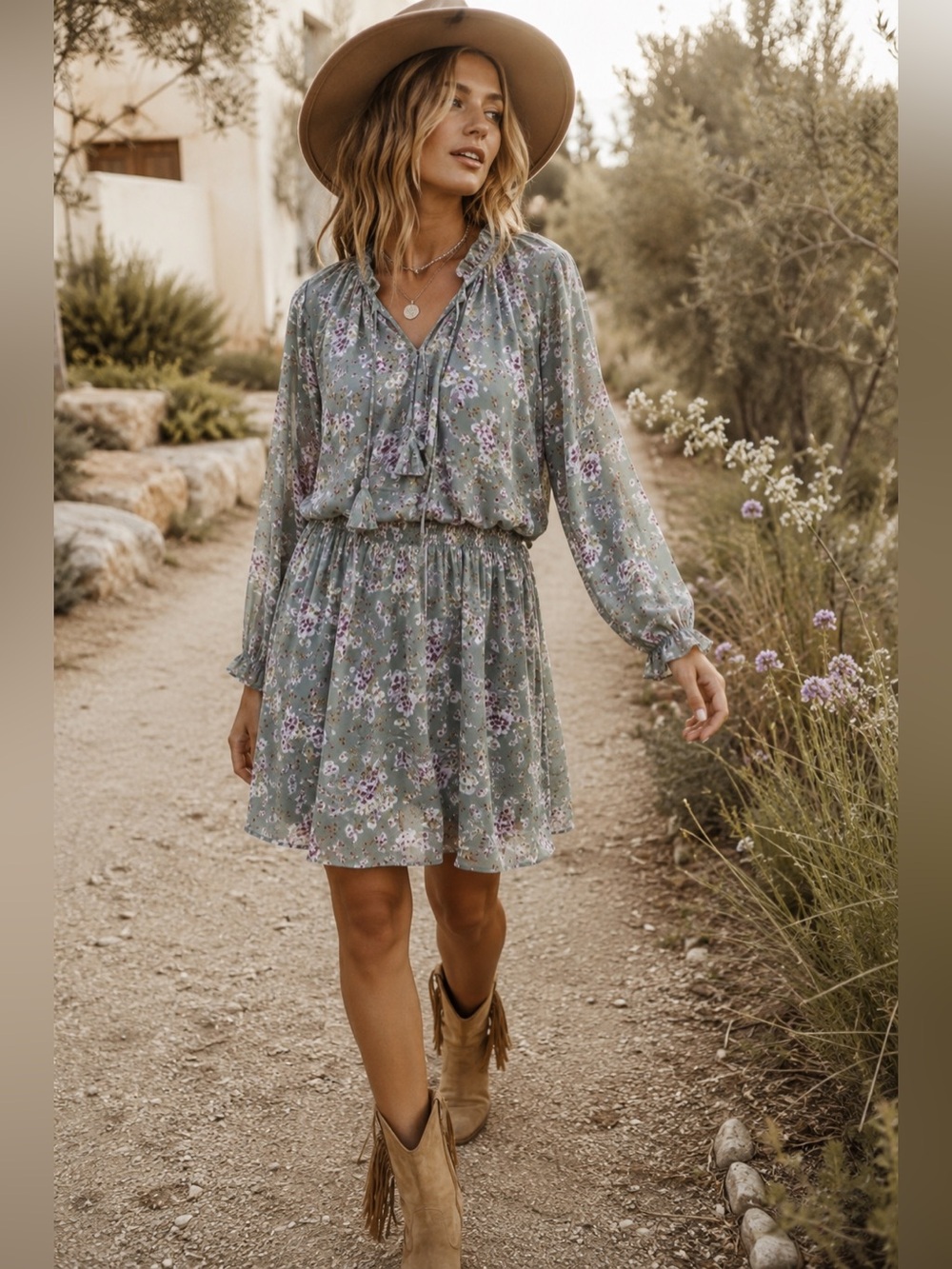 Kori America sage green purple floral long sleeve peasant dress smocked waist XL